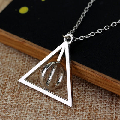 Hot Fashion Long Necklaces Deathly Hallows Pendant Necklace Triangle Rotatable Necklace Time Converter Hourglass Movie Jewelry